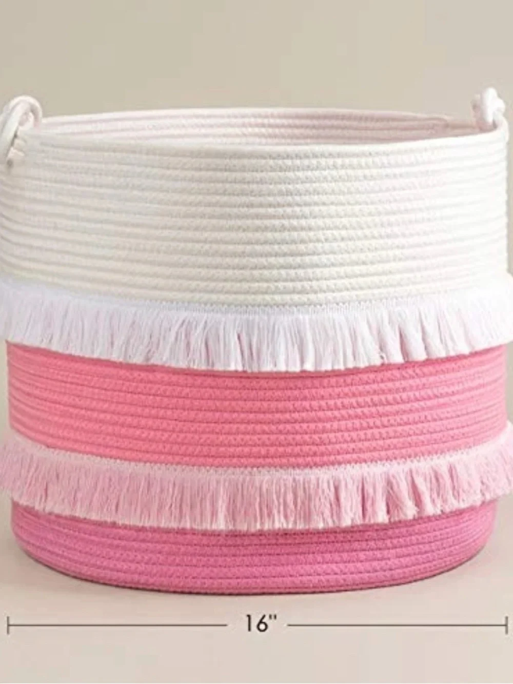 Pink & White Fringed Large Rope Basket - 16